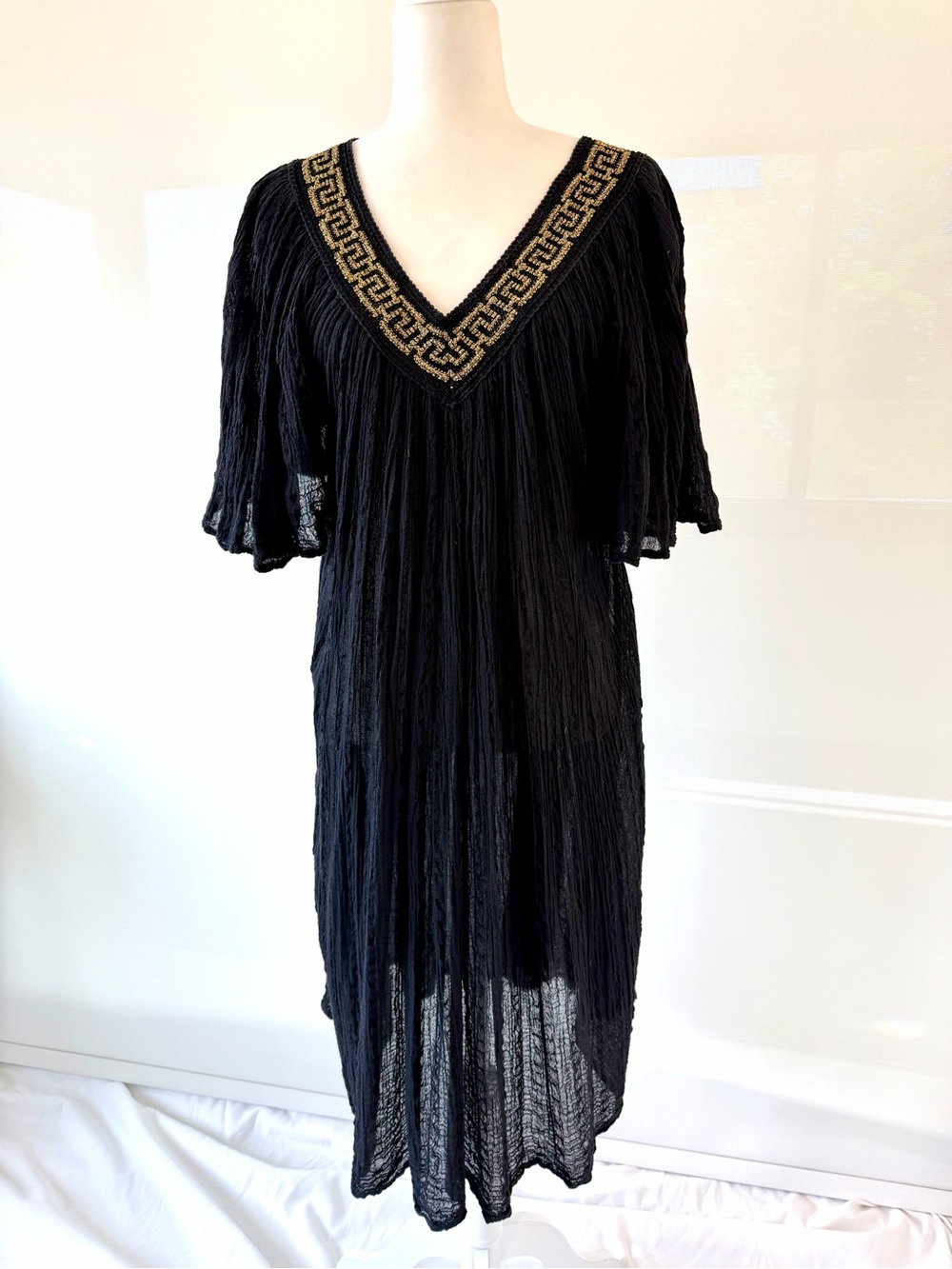 Gallery Beach Dress in black with Gold Greek Design Detailing From Europe.